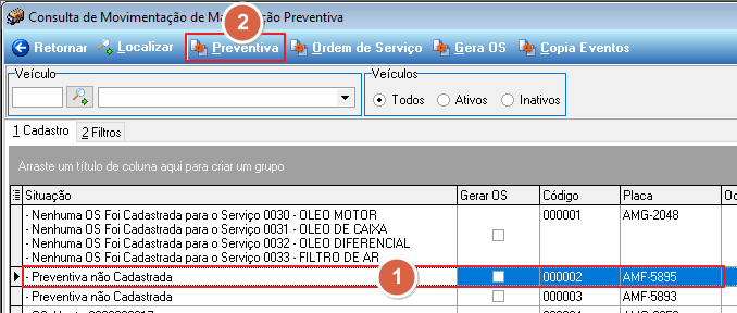 Tela Consulta de Movimentação de Manutenção Preventiva com veículo 000002 placa AMF-5895 selecionado (linha em destaque) e botão "Preventiva" destacado na barra superior