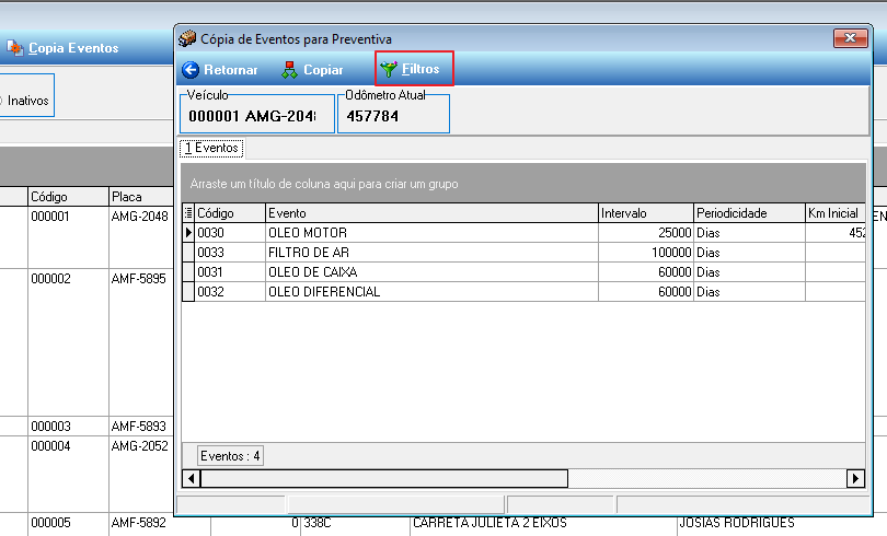 Janela Cópia de Eventos para Preventiva com veículo de origem 000001 AMG-2048 e eventos listados: OLEO MOTOR (intervalo 25000 Dias), FILTRO DE AR (100000 Dias), OLEO DE CAIXA (60000 Dias), OLEO DIFERENCIAL (60000 Dias); botão "Filtros" destacado na barra superior