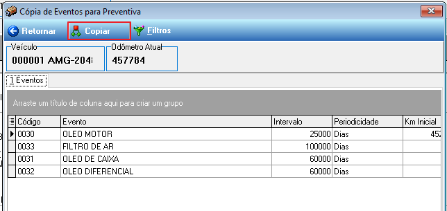 Janela Cópia de Eventos para Preventiva com veículo de origem 000001 AMG-2048 e eventos listados; botão "Copiar" destacado na barra superior