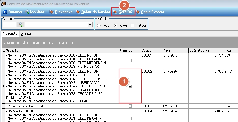Tela Consulta de Movimentação de Manutenção Preventiva com checkbox marcado na coluna "Gerar OS" do veículo 000002 AMF-5895 e botão "Gera OS" destacado na barra superior
