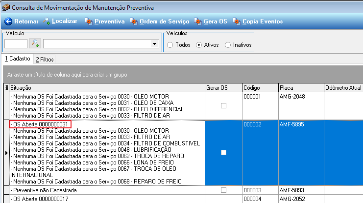 Tela Consulta de Movimentação de Manutenção Preventiva com veículo 000002 AMF-5895 exibindo "OS Aberta 0000000031" na coluna Situação