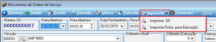 Tela Movimento de Ordem de Serviço com menu dropdown "Impressão" expandido exibindo as opções "Imprime OS" e "Imprime Ficha para Execução"