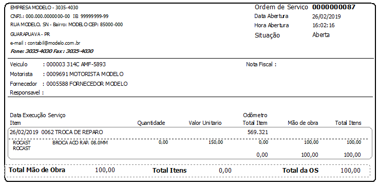 Exemplo de impressão da Ordem de Serviço para a EMPRESA MODELO, mostrando cabeçalho com CNPJ, endereço, fone, número da O.S. 0000000087, data de abertura 26/02/2019, hora 16:02:16 e situação Aberta; dados do veículo 000003 314C AMF-5893, motorista 0009691 MOTORISTA MODELO e fornecedor 0005588 FORNECEDOR MODELO; linha de evento 26/02/2019 - 0062 TROCA DE REPARO com item BROCA ACO RAP. 08.0MM, quantidade 0,00, valor unitário 150,00, mão de obra 100,00 e total 100,00; rodapé com Total Mão de Obra R$ 100,00, Total Itens R$ 0,00 e Total da OS R$ 100,00