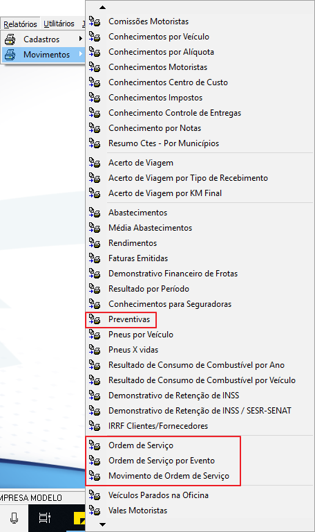 Menu Relatórios > Movimentos com as opções "Preventivas", "Ordem de Serviço", "Ordem de Serviço por Evento" e "Movimento de Ordem de Serviço" destacadas entre as demais opções de relatório