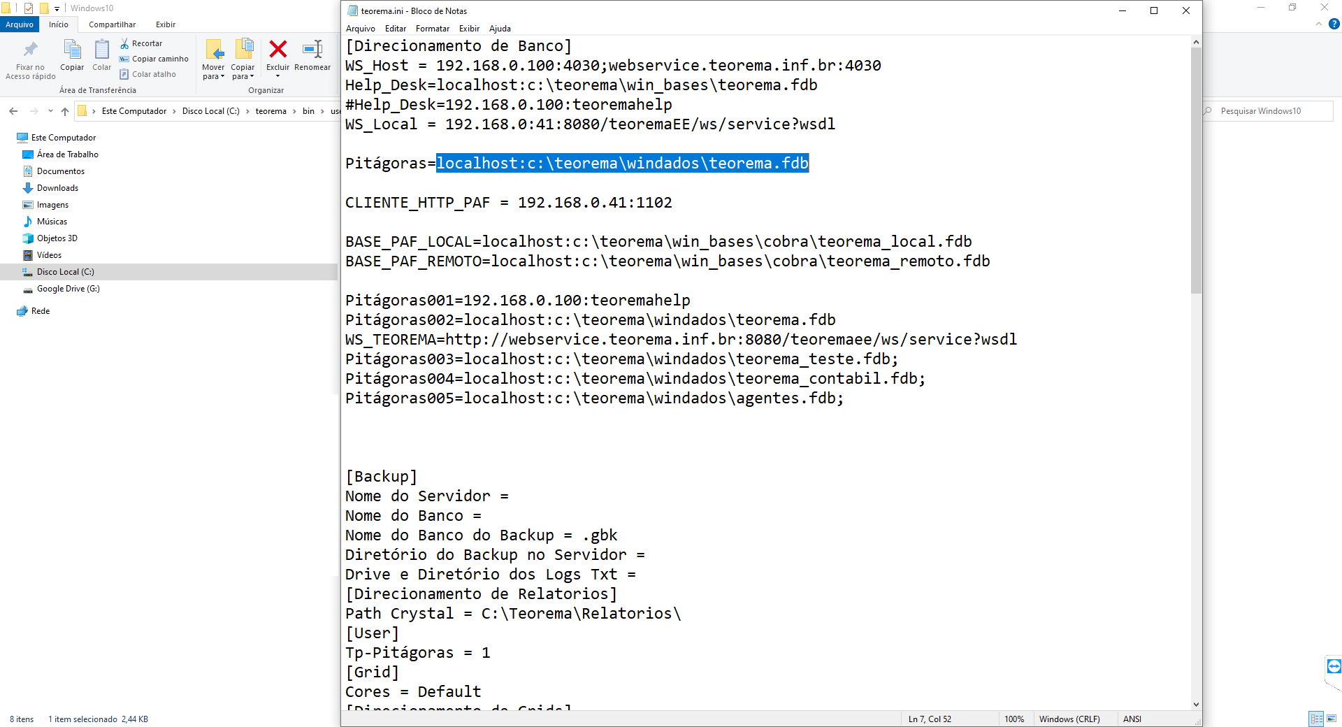 Arquivo teorema.ini aberto no Bloco de Notas exibindo as seções de configuração com a linha Pitagoras apontando para localhost:c:\teorema\windados\teorema.fdb