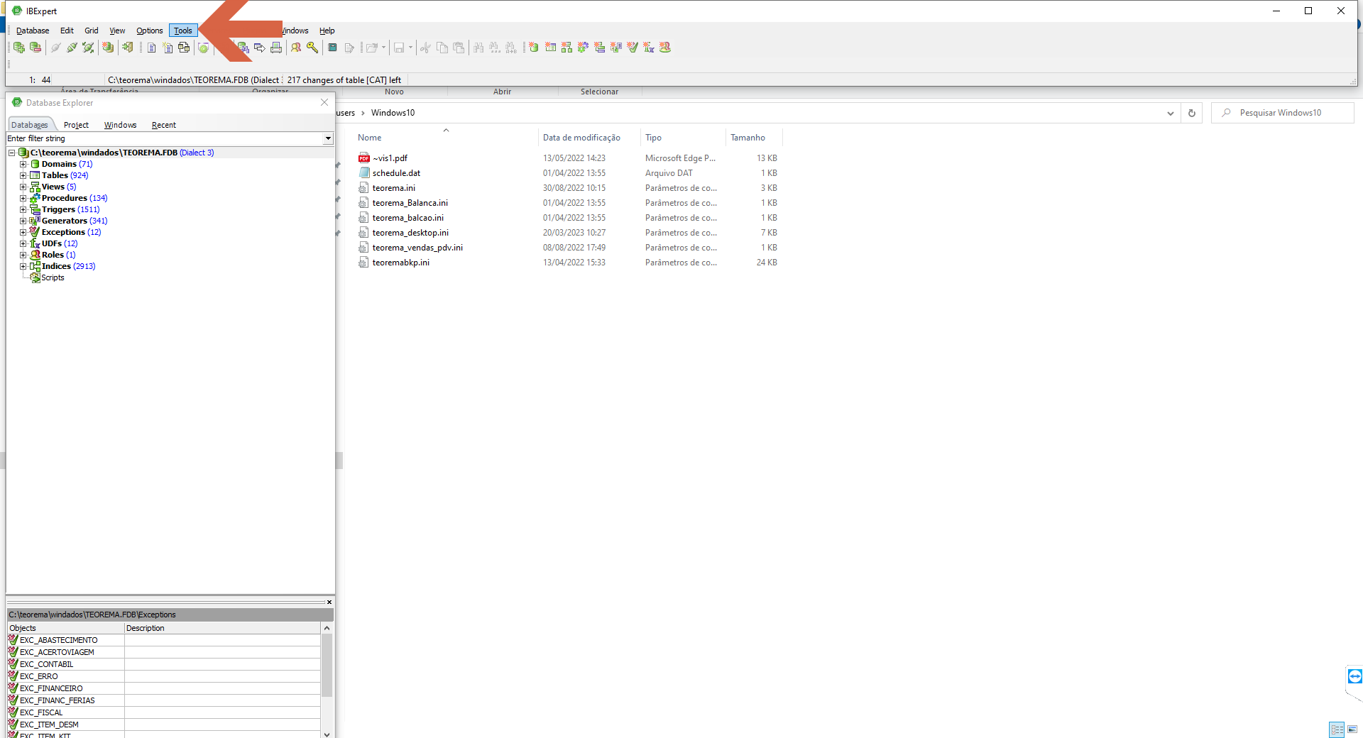 IBExpert com o menu Tools destacado na barra de menus superior