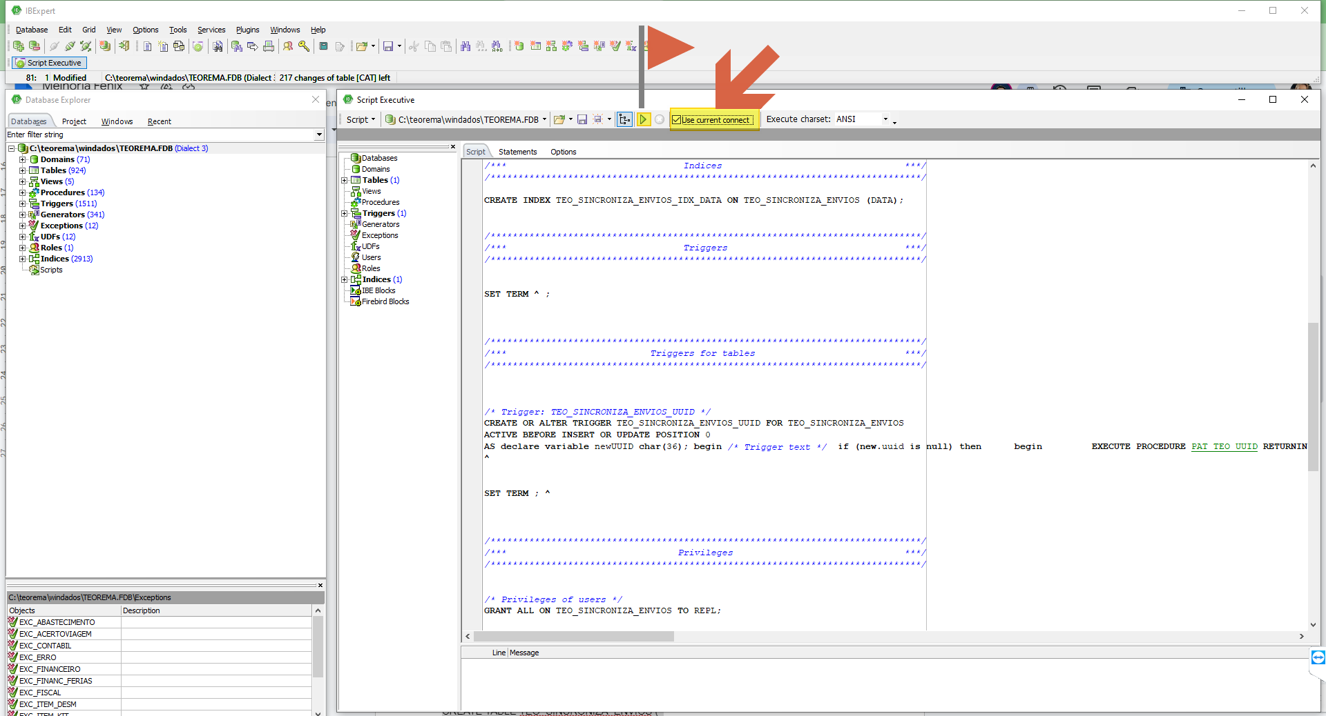 Janela Script Executive do IBExpert com o script inserido na aba Script; opção "Use current connect" marcada na barra de ferramentas; banco C:\teorema\windados\TEOREMA.FDB selecionado