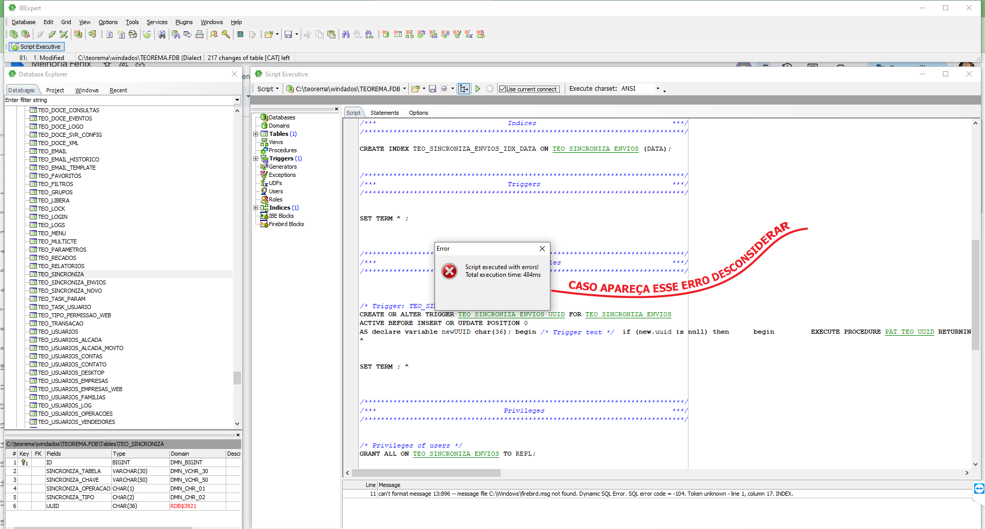 Janela Script Executive do IBExpert exibindo um diálogo de erro com a mensagem "Unsuccessful metadata update. Index TEO_SINCRONIZA_NOVO_IDX_DATA already exists"