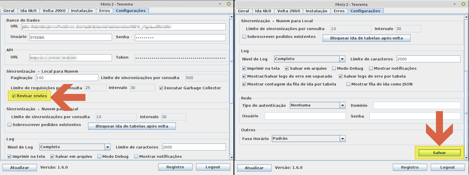 Tela Fênix 2 - Teorema na aba Configurações: seção Sincronização - Local para Nuvem com o checkbox "Revisar envios" marcado (esquerda); mesma tela após rolar, com o botão Salvar destacado (direita)