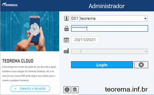Tela de login do módulo Administrador Teorema Cloud; campos empresa "001 teorema", senha mascarada e data "23/11/2021"; botão Login