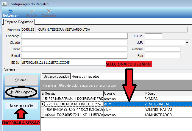 Tela Configuração do Registro exibindo dados da empresa registrada; painel Sistemas com abas "Usuários Logados" e "Registros Travados"; lista de sessões ativas com colunas Sessão, Usuário e Módulo; botão "Encerrar sessão" destacado; anotações "SELECIONAR O USUÁRIO" e "ENCERRAR A SESSÃO"