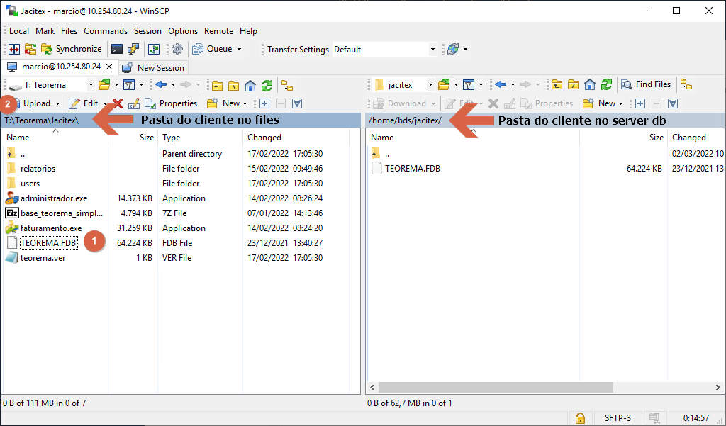WinSCP conectado ao servidor 10.254.80.24; painel esquerdo exibindo pasta local T:\Teorema\jacitex\ com arquivo TEOREMA.FDB marcado e anotação "Pasta do cliente no files"; painel direito exibindo pasta /home/bds/jacitex/ no servidor com anotação "Pasta do cliente no server db"