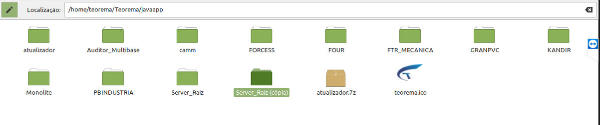 Gerenciador de arquivos WinSCP exibindo conteúdo de /home/teorema/Teorema/javaapp com pastas de clientes existentes (camm, FORCESS, FOUR, etc.), pasta Server_Raiz original e pasta "Server_Raiz (cópia)" recém-criada destacada em verde
