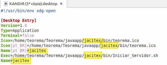 Arquivo .desktop aberto no editor; campos Icon, Name e Exec destacados em amarelo apontando para /home/teorema/Teorema/javaapp/jacitex/; campo Name=jacitex e Exec chamando Iniciar_Servidor.sh