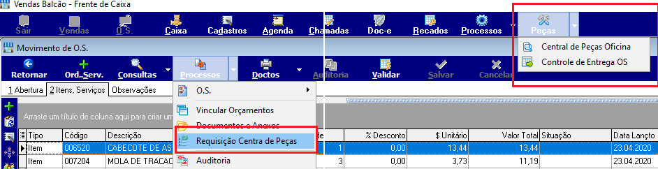 Tela Vendas Balcão – Frente de Caixa com o submódulo Movimento de O.S. aberto; menu Processos expandido exibindo a opção "Requisição Centra de Peças" destacada; no canto superior direito, menu Peças com as opções "Central de Peças Oficina" e "Controle de Entrega OS"