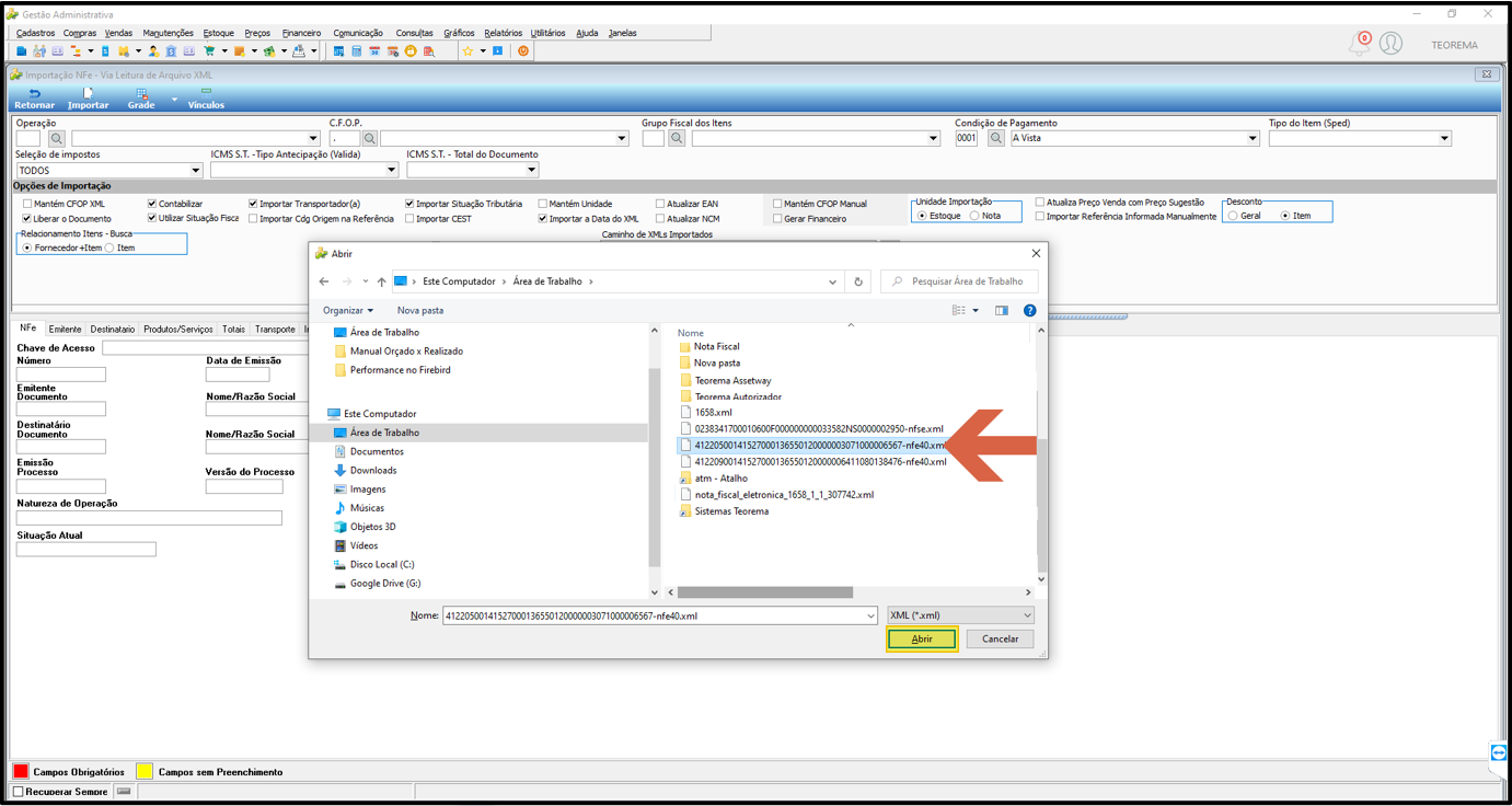 Janela de seleção de arquivo com um arquivo XML de NF-e selecionado e o botão Abrir destacado