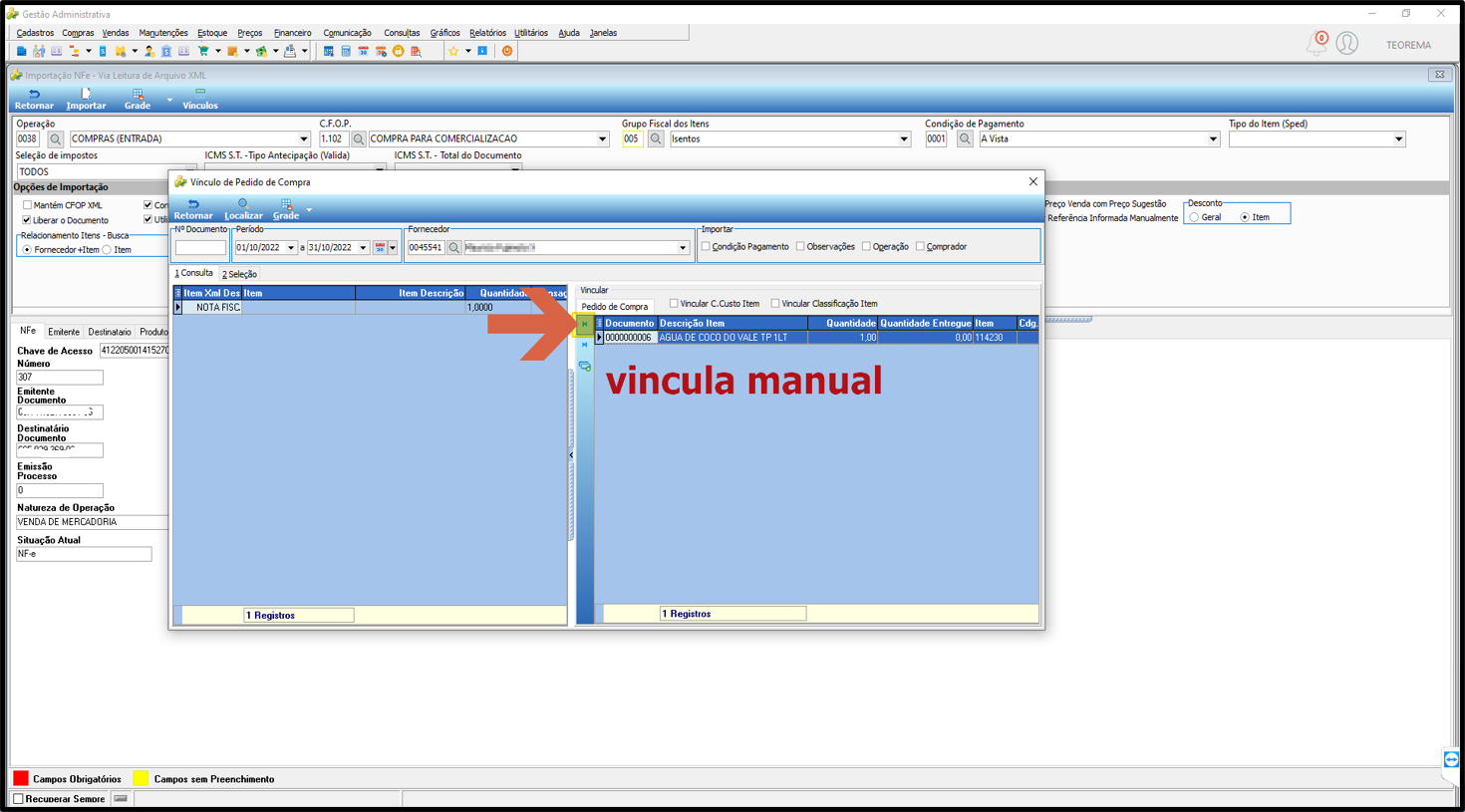 Tela Vínculo de Pedido de Compra com os painéis de itens da NF-e e itens do pedido exibidos; botão de vínculo individual destacado com anotação "vincula manual"