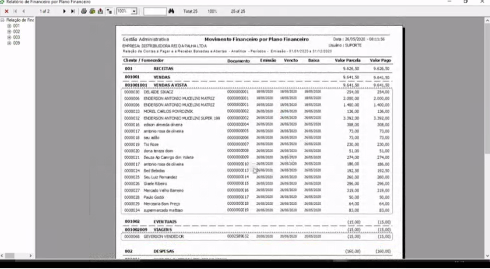 Relatório Movimento Financeiro por Plano Financeiro — página 1 de 2 — com empresa DISTRIBUIDORA REI DA PALHA LTDA, data 26/05/2020; movimentações agrupadas por plano financeiro (001 – RECEBER, 002 – VENDA À VISTA, 003 – FORNECEDORES, 009 – DESPESAS) listadas com clientes, fornecedores, documentos, datas e valores