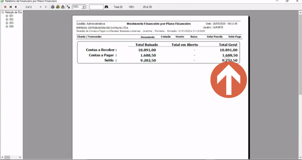 Relatório Movimento Financeiro por Plano Financeiro — página 2 de 2 — com totalizador: Contas a Receber Total Baixado R$ 10.891,00, Contas a Pagar Total Baixado R$ 1.688,50, Saldo R$ 9.202,50