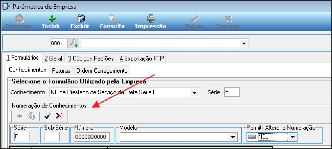 Tela Parâmetros de Empresa – aba Conhecimentos, campo Formulário "NF de Prestação de Serviço de Frete Série F", Série F, seção Numeração de Conhecimentos com Série F e número 0000000000