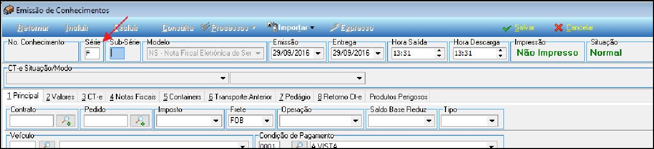 Tela Emissão de Conhecimentos – campos No. Conhecimento, Série F, Sub-Série, Modelo NE – Nota Fiscal Eletrônica de Ser..., datas de Emissão e Entrega 29/09/2016, Situação Normal