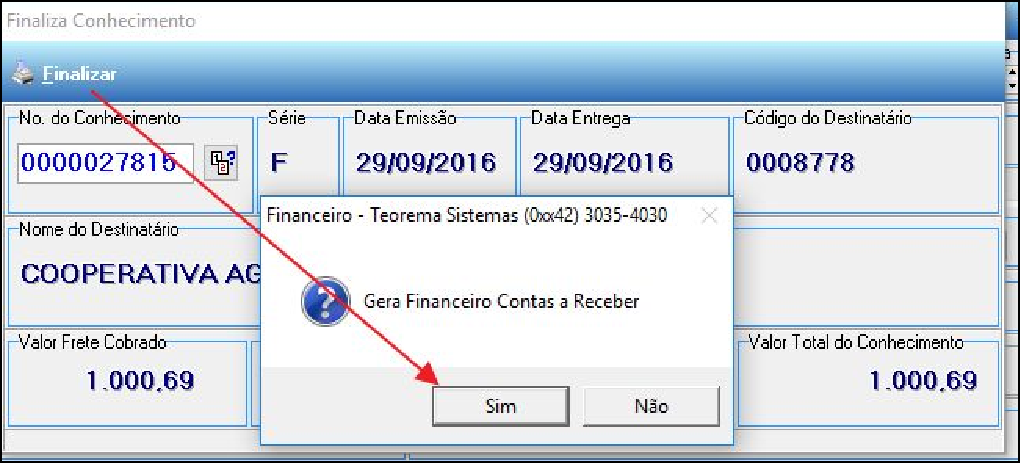 Tela Finaliza Conhecimento – diálogo "Gera Financeiro Contas a Receber" com botões Sim e Não; campos No. do Conhecimento 0000027815, Série F, datas 29/09/2016, Valor Frete Cobrado 1.000,69