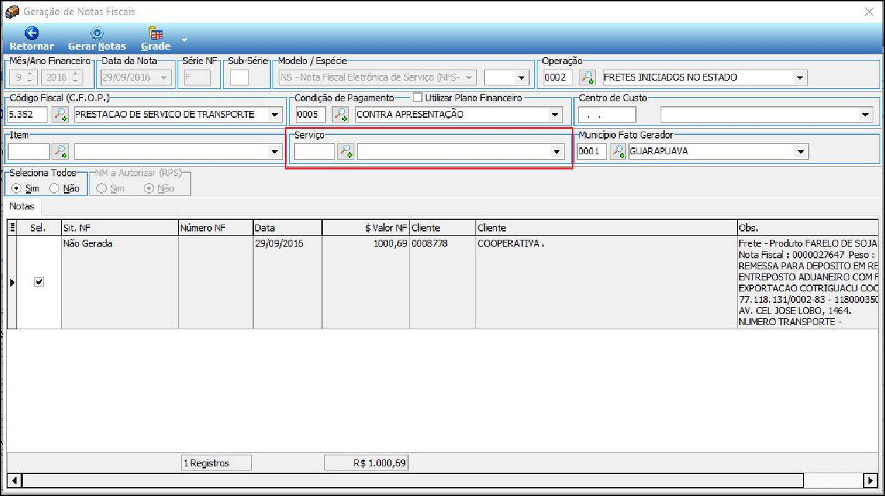 Tela Cadastro de Notas Fiscais – filtros Código Fiscal (C.F.O.P.) "PRESTAÇÃO DE SERVIÇO DE TRANSPORTE", linha de resultado mostrando nota com data 29/09/2016, CNPJ do cliente e destinatário COOPERATIVA