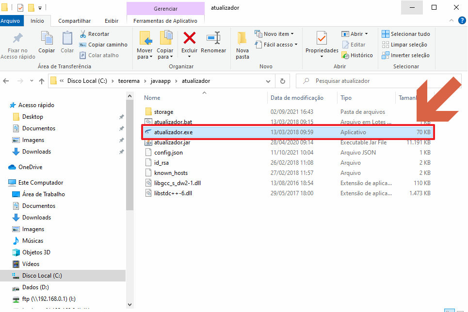 Windows Explorer aberto na pasta C:\teorema\javaapp\atualizador, com o arquivo atualizador.exe destacado