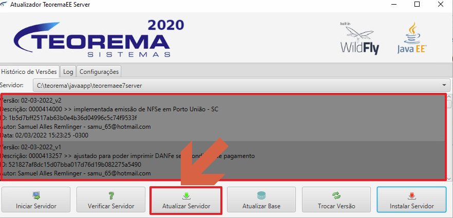 Tela Atualizador TeoremaEE Server com abas Histórico de Versões, Log e Configurações; botão Atualizar Servidor destacado na barra inferior
