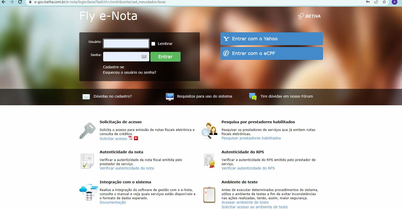Página inicial do portal Fly e-Nota com opções de login, cadastro e funcionalidades como Solicitação de acesso, Autenticidade da nota, Integração com o sistema, Pesquisa por prestadores habilitados, Autenticidade do RPS e Ambiente de teste