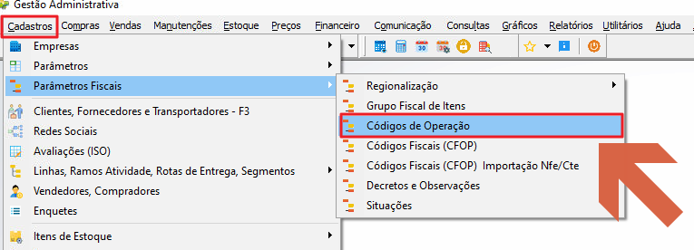 Menu Cadastros do módulo Gestão Administrativa com submenu Parâmetros Fiscais expandido e opção Códigos de Operação destacada
