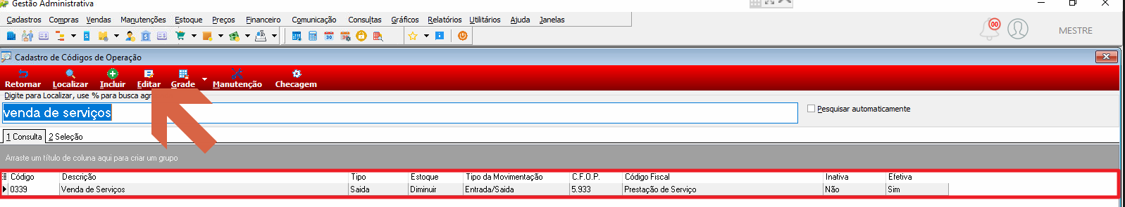 Tela Cadastro de Códigos de Operação com campo de busca preenchido com "venda de serviços"; resultado exibindo código 0339 – Venda de Serviços, Tipo Saída, Estoque Diminuir, C.F.O.P. 5.933, Código Fiscal Prestação de Serviço