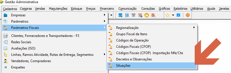 Menu Cadastros do módulo Gestão Administrativa com submenu Parâmetros Fiscais expandido e opção Situações destacada