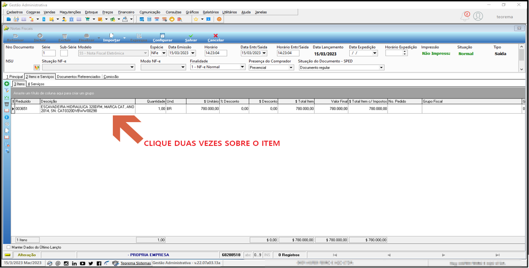 Tela Dados do Item e Impostos com campos Reduzido "003651", Descrição "ESCAVADEIRA HIDRAULICA 320DFM, MARCA CAT, ANO 2014, SN: CAT0320DVBWW00298", CFOP "6.201 - DEVOLUCAO COMPRA P/INDUST.", seções ICMS/ICMS Dif./FCP, ICMS ST/Bases, IPI/ISS, PIS e Cofins visíveis
