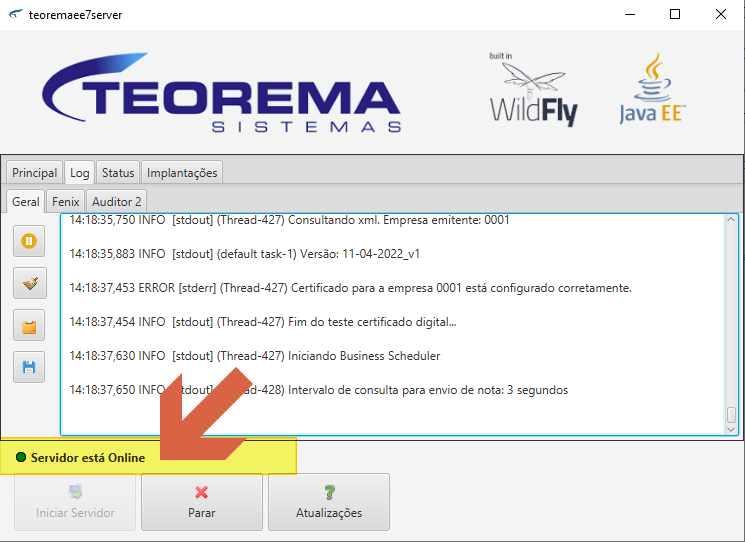 Tela do servidor Teorema Sistemas exibindo log de inicialização com a mensagem "Servidor está Online" destacada na parte inferior, e os botões Iniciar Servidor, Parar e Atualizações