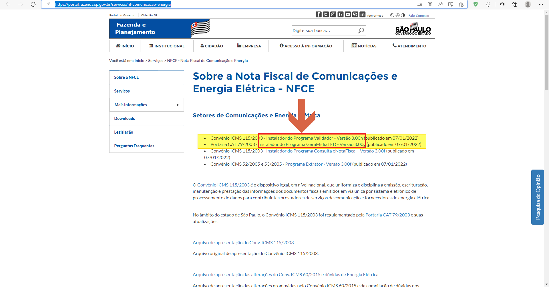 Portal SEFAZ-SP — página "Sobre a Nota Fiscal de Comunicações e Energia Elétrica — NFCE" com lista de Convênios ICMS e links de download dos programas Validador e GeradorMidiaTED