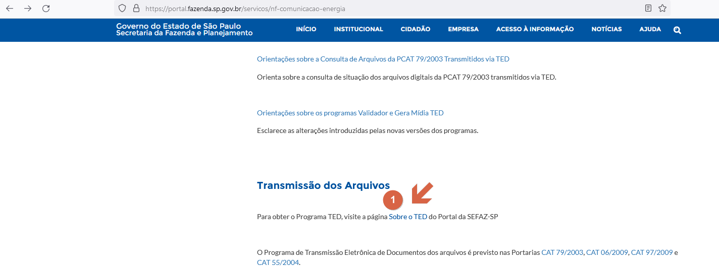 Portal SEFAZ-SP — seção "Transmissão dos Arquivos" com link "Sobre o TED" destacado