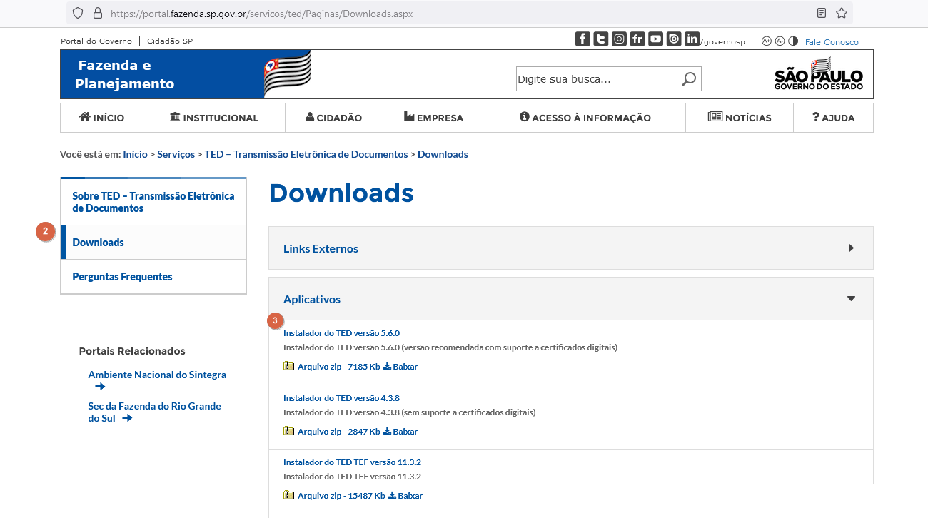 Página de Downloads do TED — seção Aplicativos com "Instalador do TED versão 5.6.0" e opção de download