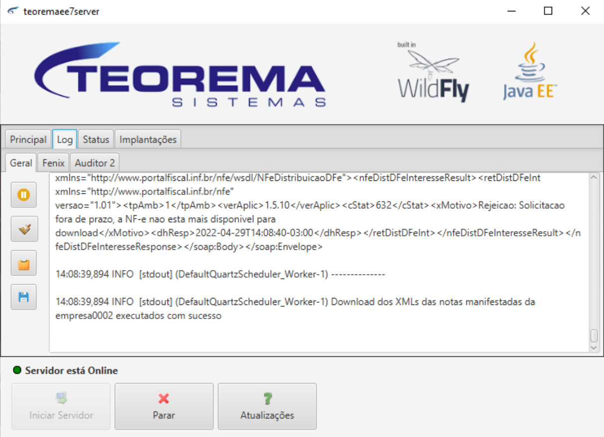 Tela do servidor teoremaee7server — aba Log com mensagens de processamento e indicador "Servidor está Online" na barra inferior, com botões Iniciar Servidor, Parar e Atualizações