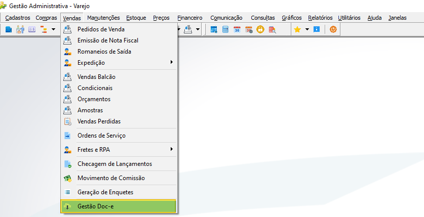 Menu Vendas expandido — item "Gestão Doc-e" destacado na parte inferior da lista