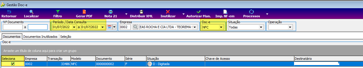 Tela Gestão Doc-e — grade com uma NFC listada, Empresa 0002, Transação 33486, Modelo NFC, Documento 0000000002, Série F, Situação "D - Digitada"