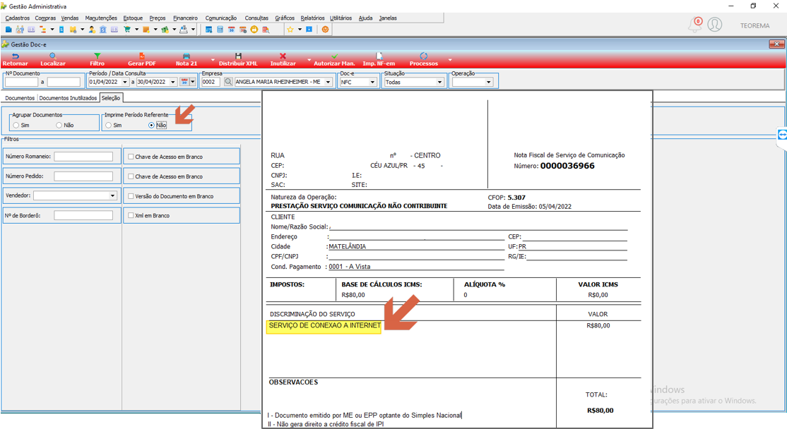 Tela Gestão Doc-e com prévia da nota impressa — campo "Imprime Período Referente" com opção "Não" marcada; nota exibe "SERVIÇO DE CONEXAO A INTERNET" sem período, Valor R$80,00, TOTAL R$80,00
