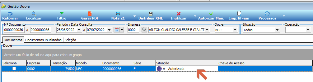 Tela Gestão Doc-e — nota 0000000036, Série F, Transação 79502, Modelo NFC, Situação "A - Autorizada" destacada