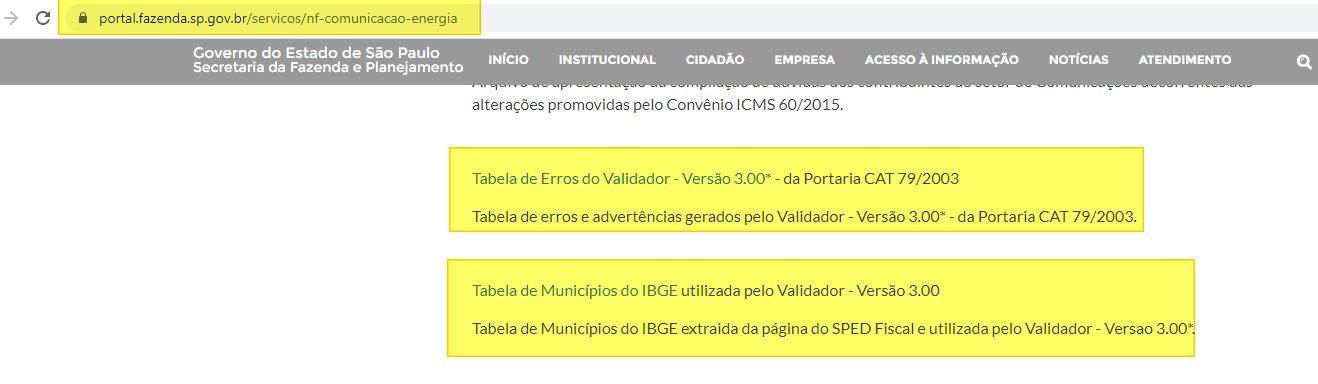 Portal SEFAZ-SP — dois blocos destacados em amarelo: "Tabela de Erros do Validador - Versão 3.00*" com descrição, e "Tabela de Municípios do IBGE utilizada pelo Validador - Versão 3.00" com descrição