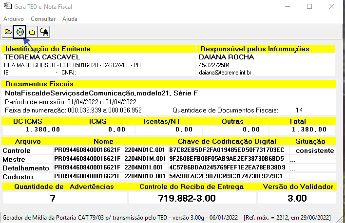 Tela Gera TED e-Nota Fiscal — seção "Identificação do Emitente" e "Responsável pelas Informações"; seção "Documentos Fiscais" com "NotaFiscaldeServiçosdeComunicação.modelo21, Série F", período 01/04/2022 a 01/04/2022, 14 documentos, faixa 000.036.939 a 000.036.952; totais BC ICMS 1.380,00, ICMS 0,00, Isentas/NT 0,00, Total 1.380,00; arquivos Controle, Mestre, Detalhamento e Cadastro com chaves de codificação digital; 7 Advertências, Versão do Validador 3.00