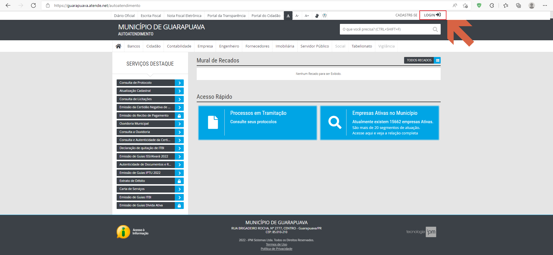 Portal de autoatendimento do Município de Guarapuava com botão LOGIN destacado no canto superior direito