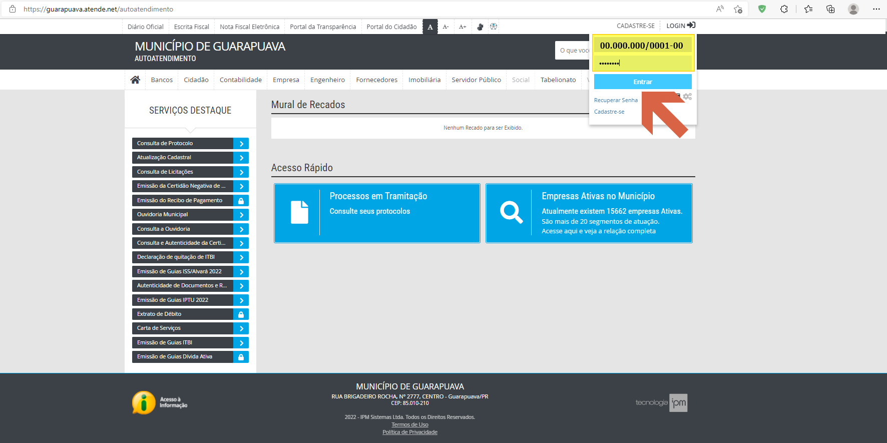 Popup de login com campos CNPJ e senha preenchidos e botão Entrar destacado