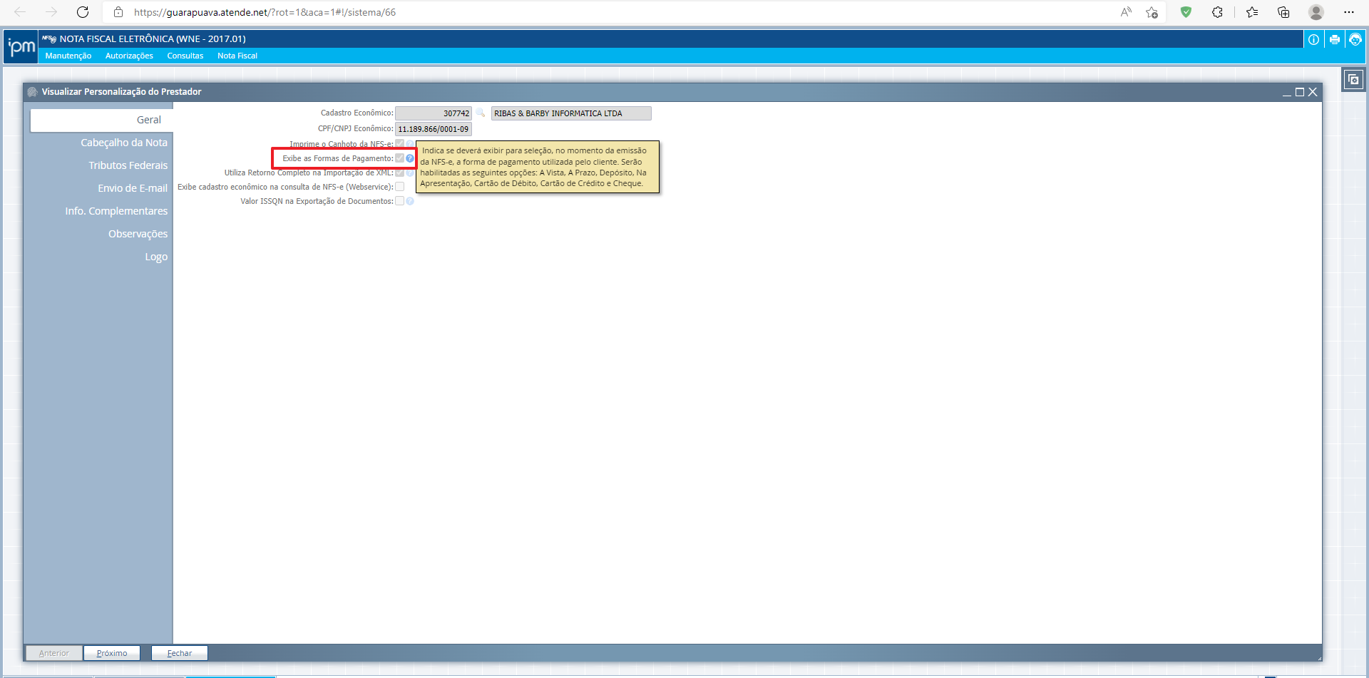 Tela Visualizar Personalização do Prestador com campo Exibe as Formas de Pagamento marcado e tooltip descritivo das opções exibido