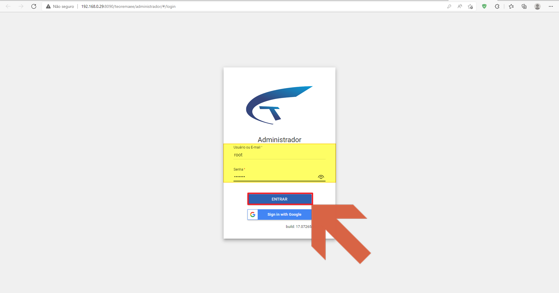 Tela de login do Administrador com campos Usuário ou E-mail e Senha preenchidos e botão ENTRAR destacado