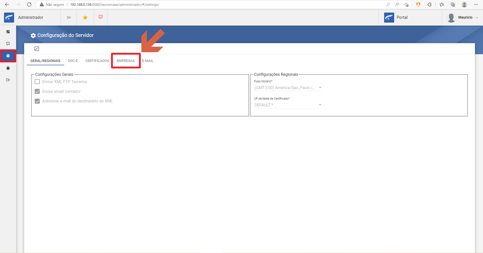 Tela Configuração do Servidor com abas GERAL/REGIONAIS, DOC-E, CERTIFICADOS, EMPRESAS e E-MAIL; aba EMPRESAS destacada